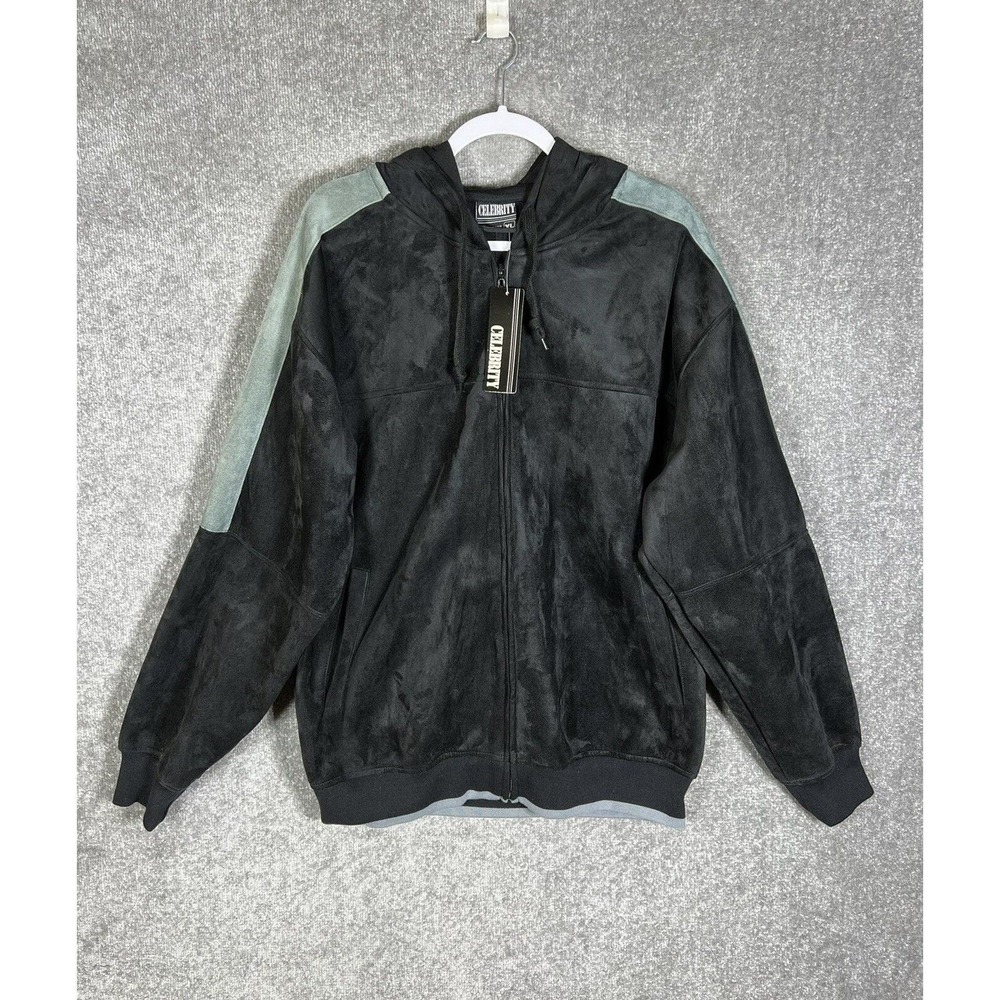 Celebrity Faux Suede Full Zip Jacket Mens Size XL Black Gray Pockets Hooded NWT